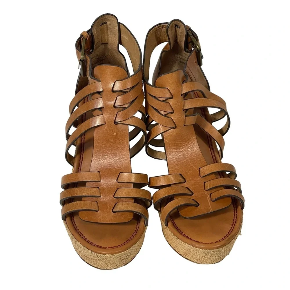 Trask Brown Saddle Leather Strappy Burlap Platform Heel Wedge Sandal Sz 9
